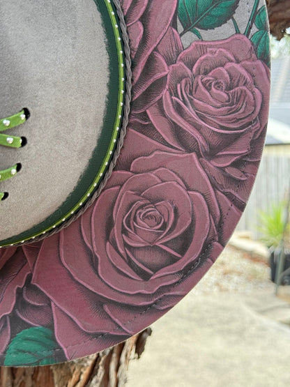 Hummingbird and Roses  - Engraved Wide Brim Hat, Vegan Suede Fedora Hat, Laser Engraved, Cowboy Hat, Burned Fedora