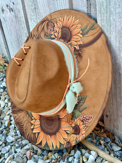 Golden Sunflower Highland Cow - EXCLUSIVE - Engraved Wide Brim Hat, Vegan Suede Fedora Hat, Laser Engraved, Cowboy Hat, Burned Fedora