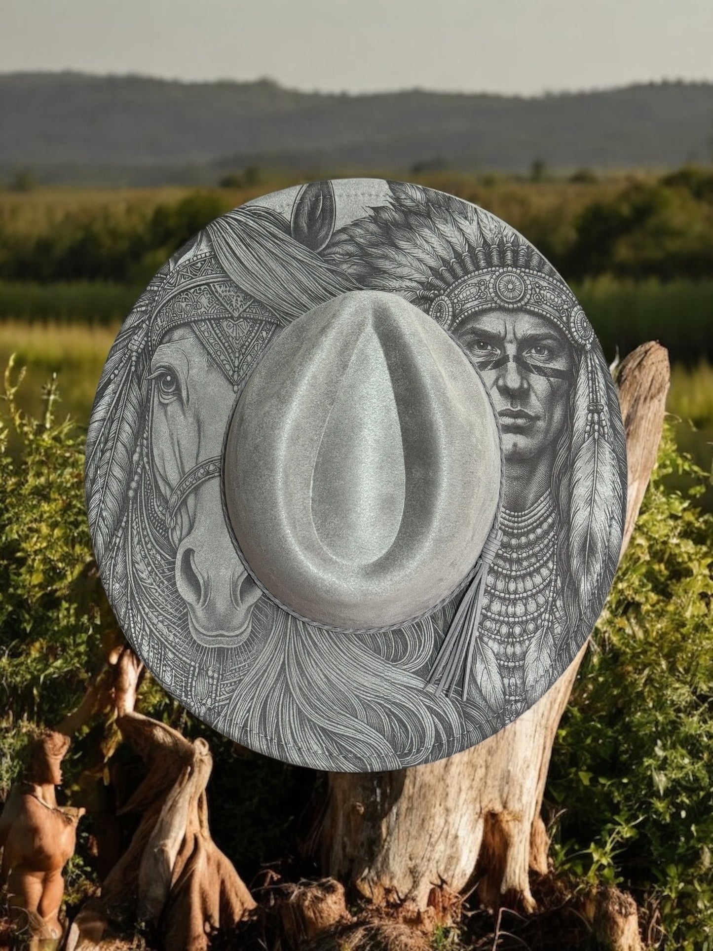 Spirit of the Plains – EXCLUSIVE - Laser Engraved Horse & Native Indian Brim Hat, Wide Brim Hat, Vegan Suede Fedora Hat, Laser Engraved, Burned Fedora
