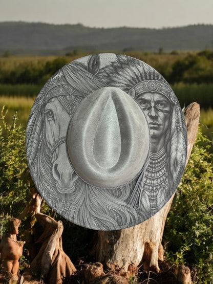 Spirit of the Plains – EXCLUSIVE - Laser Engraved Horse & Native Indian Brim Hat, Wide Brim Hat, Vegan Suede Fedora Hat, Laser Engraved, Burned Fedora
