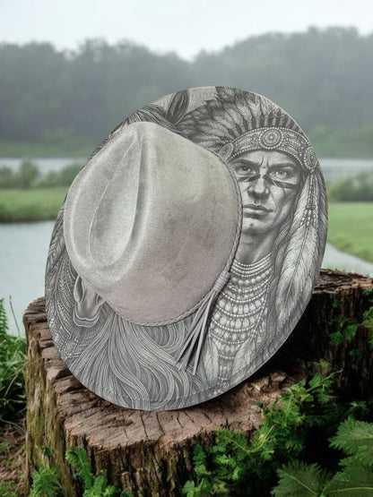 Spirit of the Plains – EXCLUSIVE - Laser Engraved Horse & Native Indian Brim Hat, Wide Brim Hat, Vegan Suede Fedora Hat, Laser Engraved, Burned Fedora