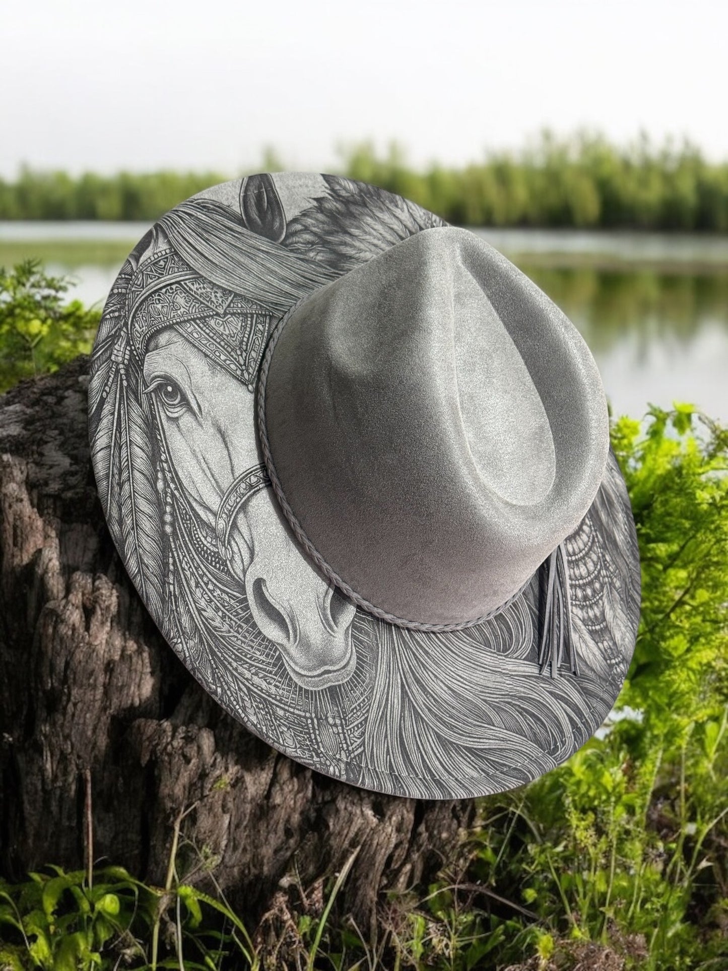 Spirit of the Plains – EXCLUSIVE - Laser Engraved Horse & Native Indian Brim Hat, Wide Brim Hat, Vegan Suede Fedora Hat, Laser Engraved, Burned Fedora