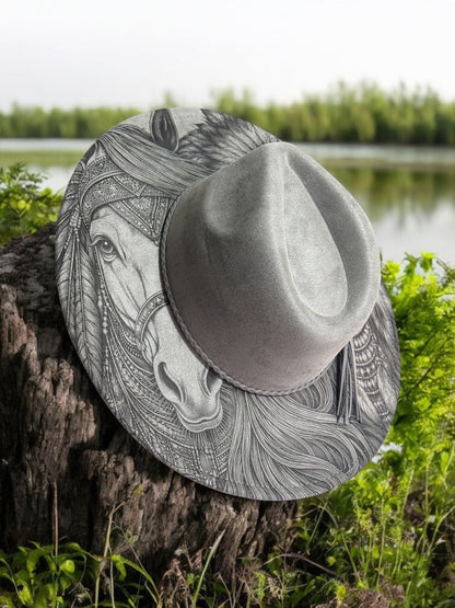 Spirit of the Plains – EXCLUSIVE - Laser Engraved Horse & Native Indian Brim Hat, Wide Brim Hat, Vegan Suede Fedora Hat, Laser Engraved, Burned Fedora