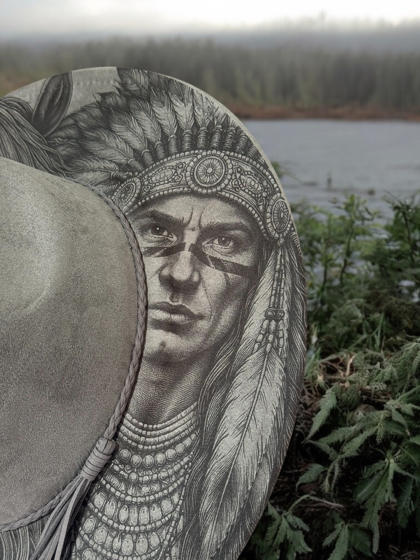 Spirit of the Plains – EXCLUSIVE - Laser Engraved Horse & Native Indian Brim Hat, Wide Brim Hat, Vegan Suede Fedora Hat, Laser Engraved, Burned Fedora