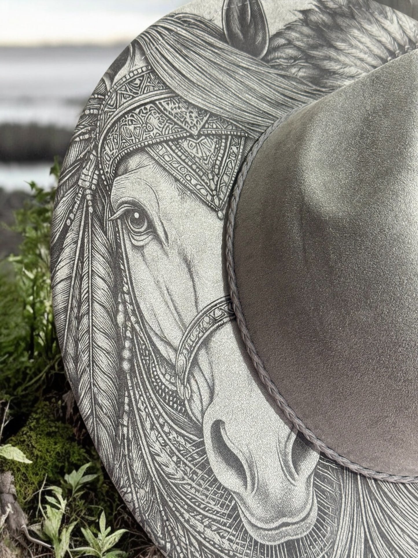 Spirit of the Plains – EXCLUSIVE - Laser Engraved Horse & Native Indian Brim Hat, Wide Brim Hat, Vegan Suede Fedora Hat, Laser Engraved, Burned Fedora