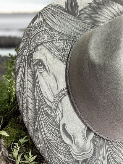 Spirit of the Plains – EXCLUSIVE - Laser Engraved Horse & Native Indian Brim Hat, Wide Brim Hat, Vegan Suede Fedora Hat, Laser Engraved, Burned Fedora
