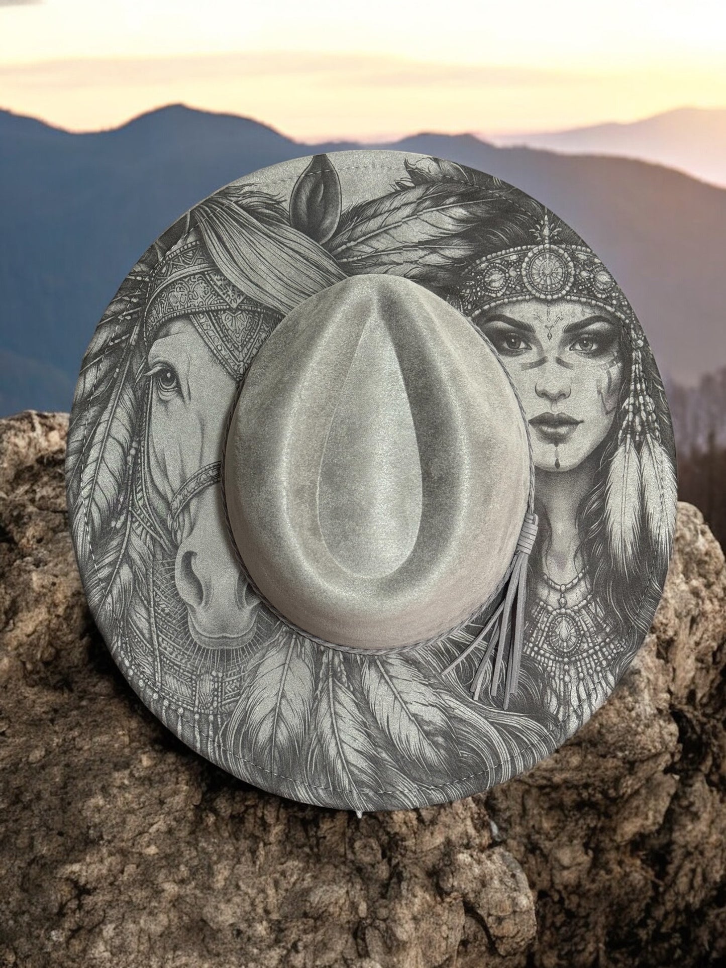 Whisper of the Plains – Laser Engraved Horse & Native Indian Brim Hat, Wide Brim Hat, Vegan Suede Fedora Hat, Laser Engraved, Burned Fedora
