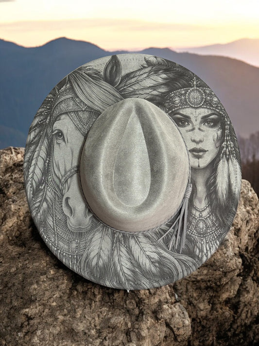 Whisper of the Plains – Laser Engraved Horse & Native Indian Brim Hat, Wide Brim Hat, Vegan Suede Fedora Hat, Laser Engraved, Burned Fedora
