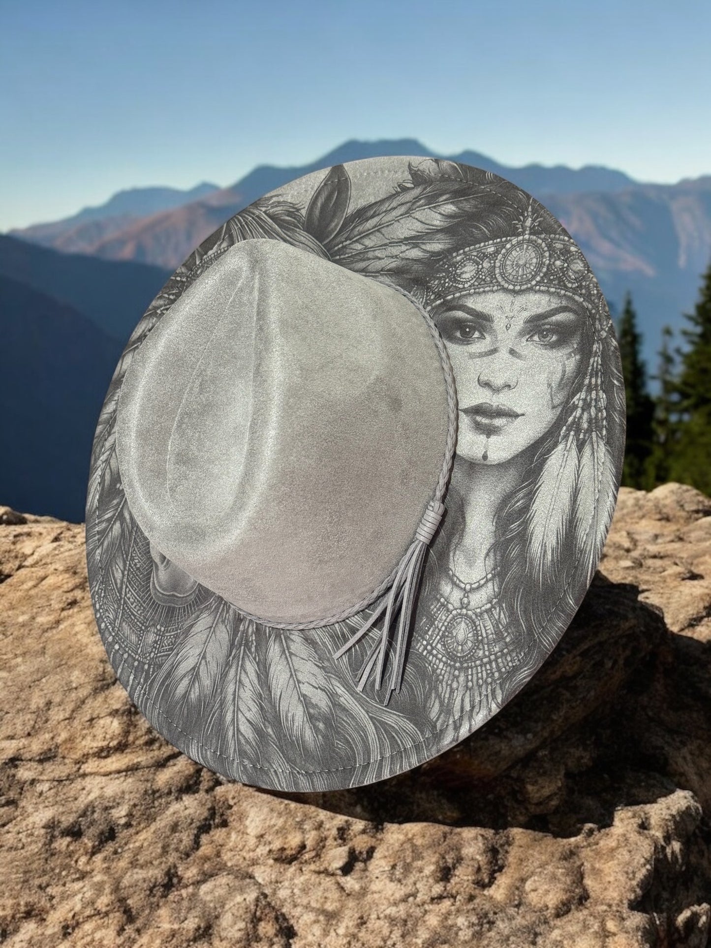 Whisper of the Plains – Laser Engraved Horse & Native Indian Brim Hat, Wide Brim Hat, Vegan Suede Fedora Hat, Laser Engraved, Burned Fedora