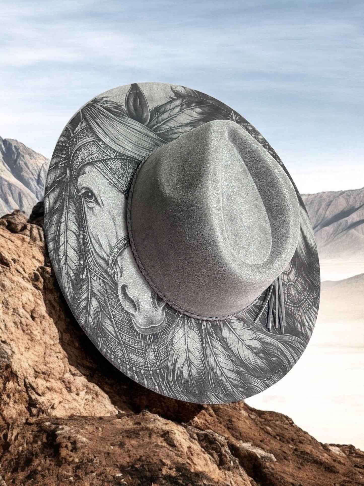 Whisper of the Plains – Laser Engraved Horse & Native Indian Brim Hat, Wide Brim Hat, Vegan Suede Fedora Hat, Laser Engraved, Burned Fedora