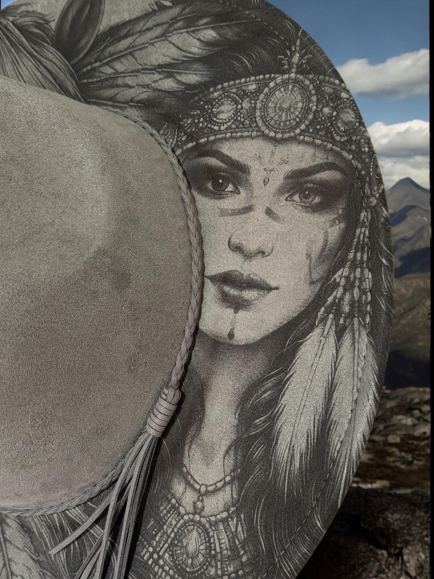 Whisper of the Plains – Laser Engraved Horse & Native Indian Brim Hat, Wide Brim Hat, Vegan Suede Fedora Hat, Laser Engraved, Burned Fedora