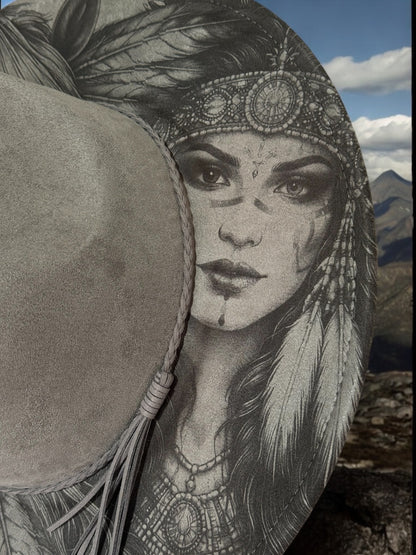 Whisper of the Plains – Laser Engraved Horse & Native Indian Brim Hat, Wide Brim Hat, Vegan Suede Fedora Hat, Laser Engraved, Burned Fedora