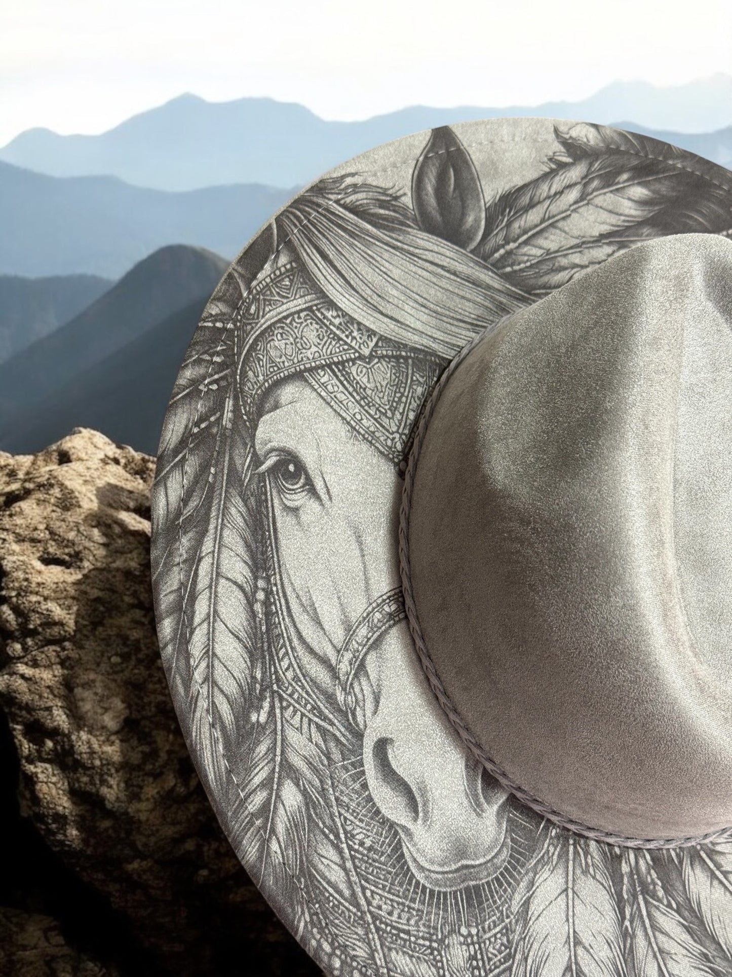 Whisper of the Plains – Laser Engraved Horse & Native Indian Brim Hat, Wide Brim Hat, Vegan Suede Fedora Hat, Laser Engraved, Burned Fedora