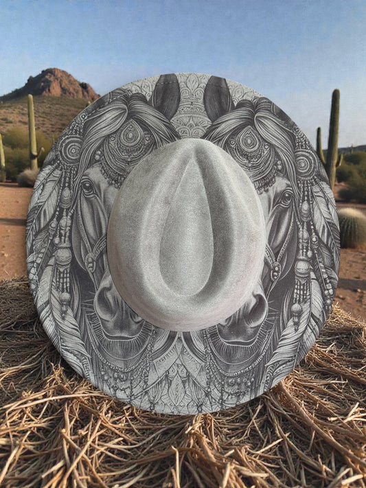 Twin Spirit Horses – Laser Engraved Indian Horses, Wide Brim Hat, Vegan Suede Fedora Hat, Laser Engraved, Burned Fedora