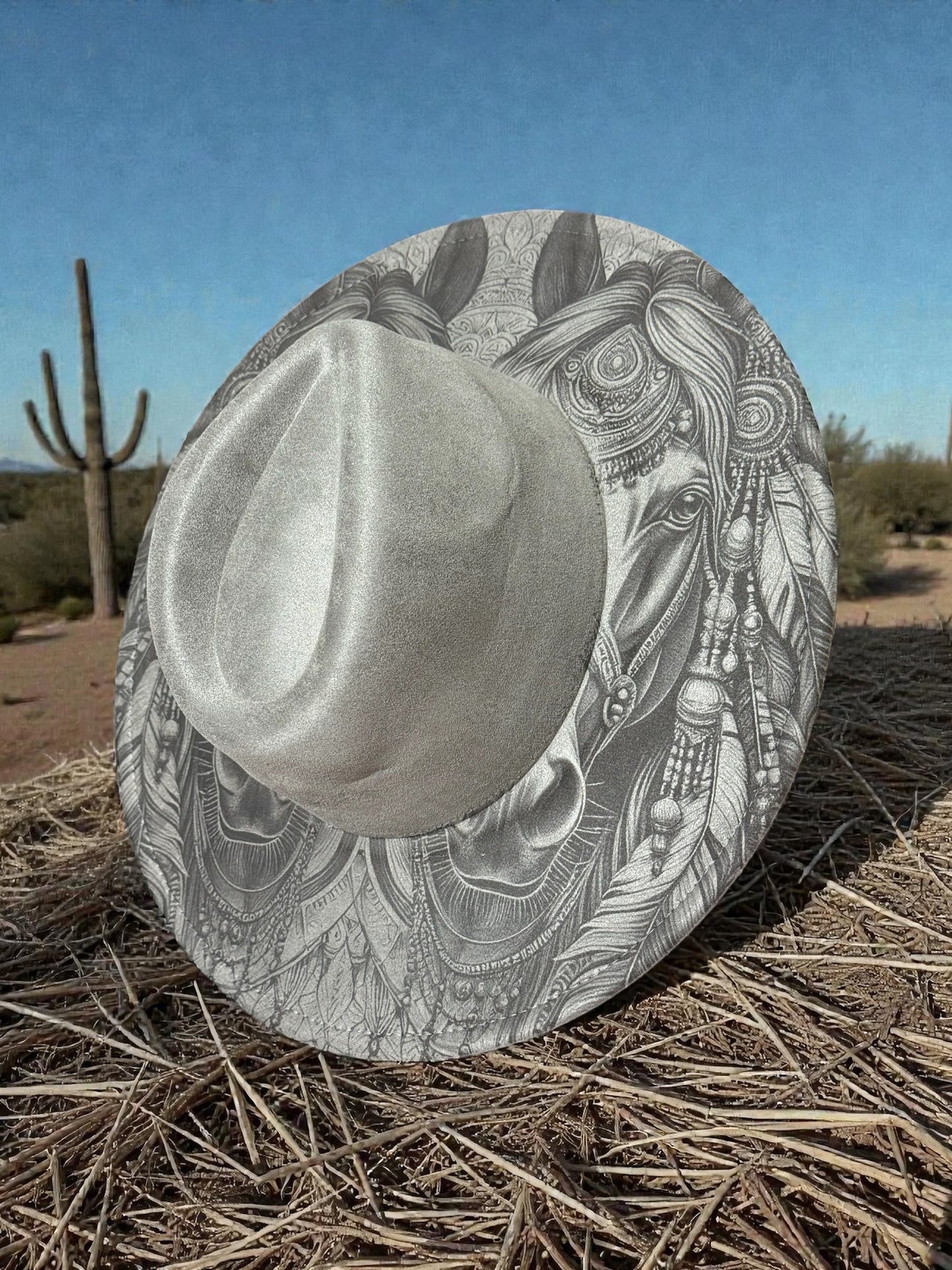 Twin Spirit Horses – Laser Engraved Indian Horses, Wide Brim Hat, Vegan Suede Fedora Hat, Laser Engraved, Burned Fedora