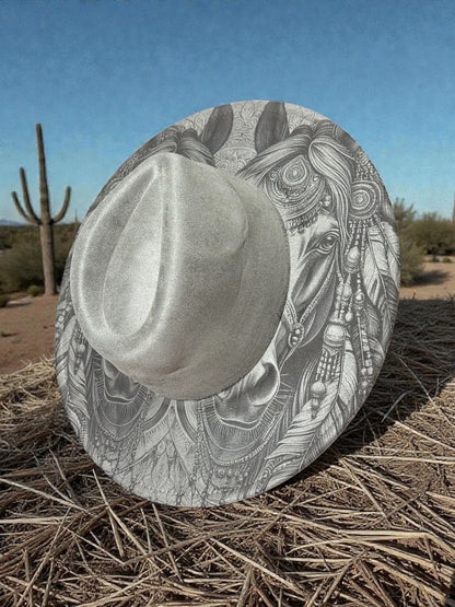 Twin Spirit Horses – Laser Engraved Indian Horses, Wide Brim Hat, Vegan Suede Fedora Hat, Laser Engraved, Burned Fedora