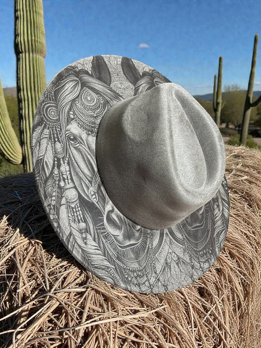 Twin Spirit Horses – Laser Engraved Indian Horses, Wide Brim Hat, Vegan Suede Fedora Hat, Laser Engraved, Burned Fedora
