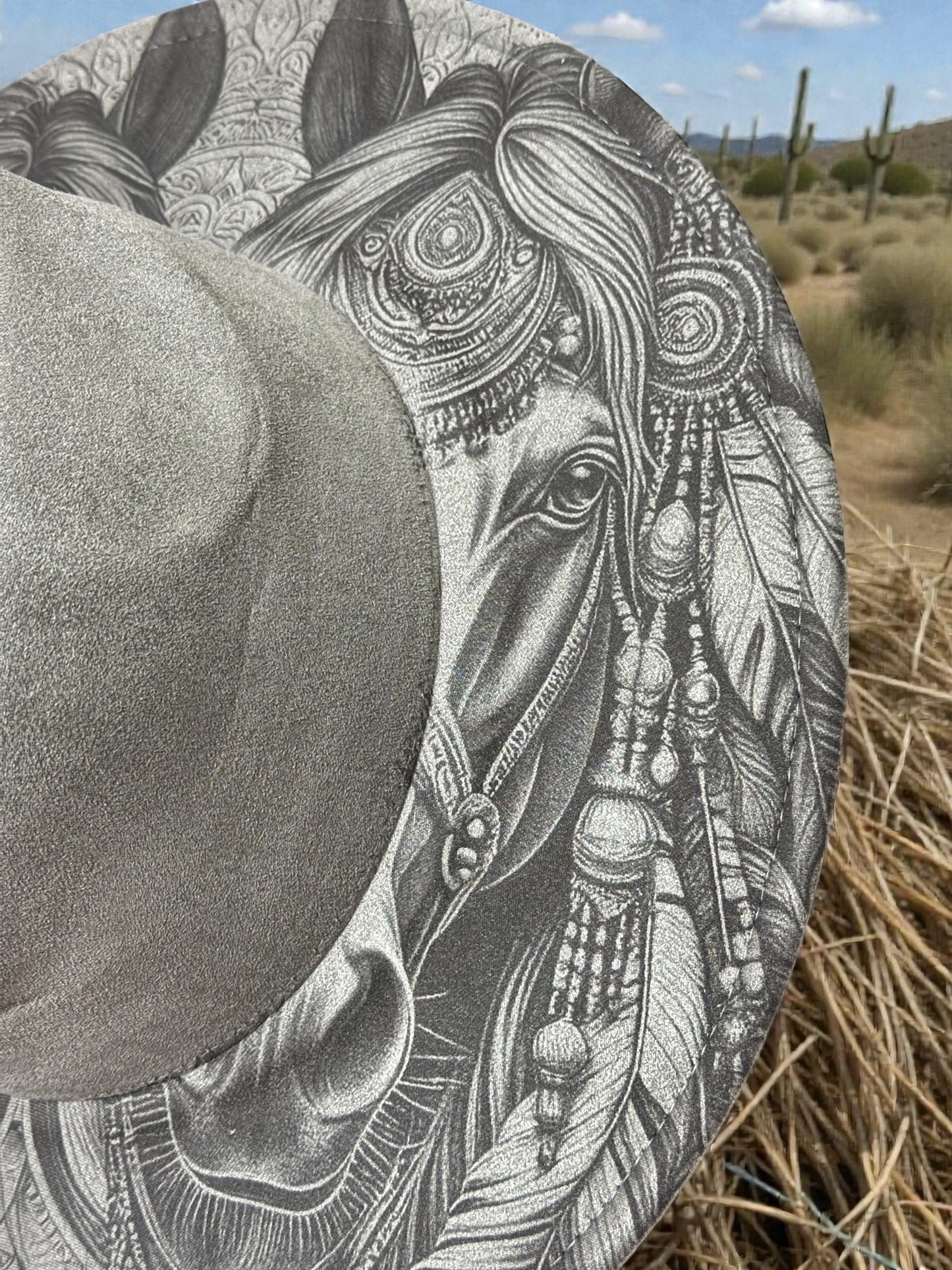 Twin Spirit Horses – Laser Engraved Indian Horses, Wide Brim Hat, Vegan Suede Fedora Hat, Laser Engraved, Burned Fedora