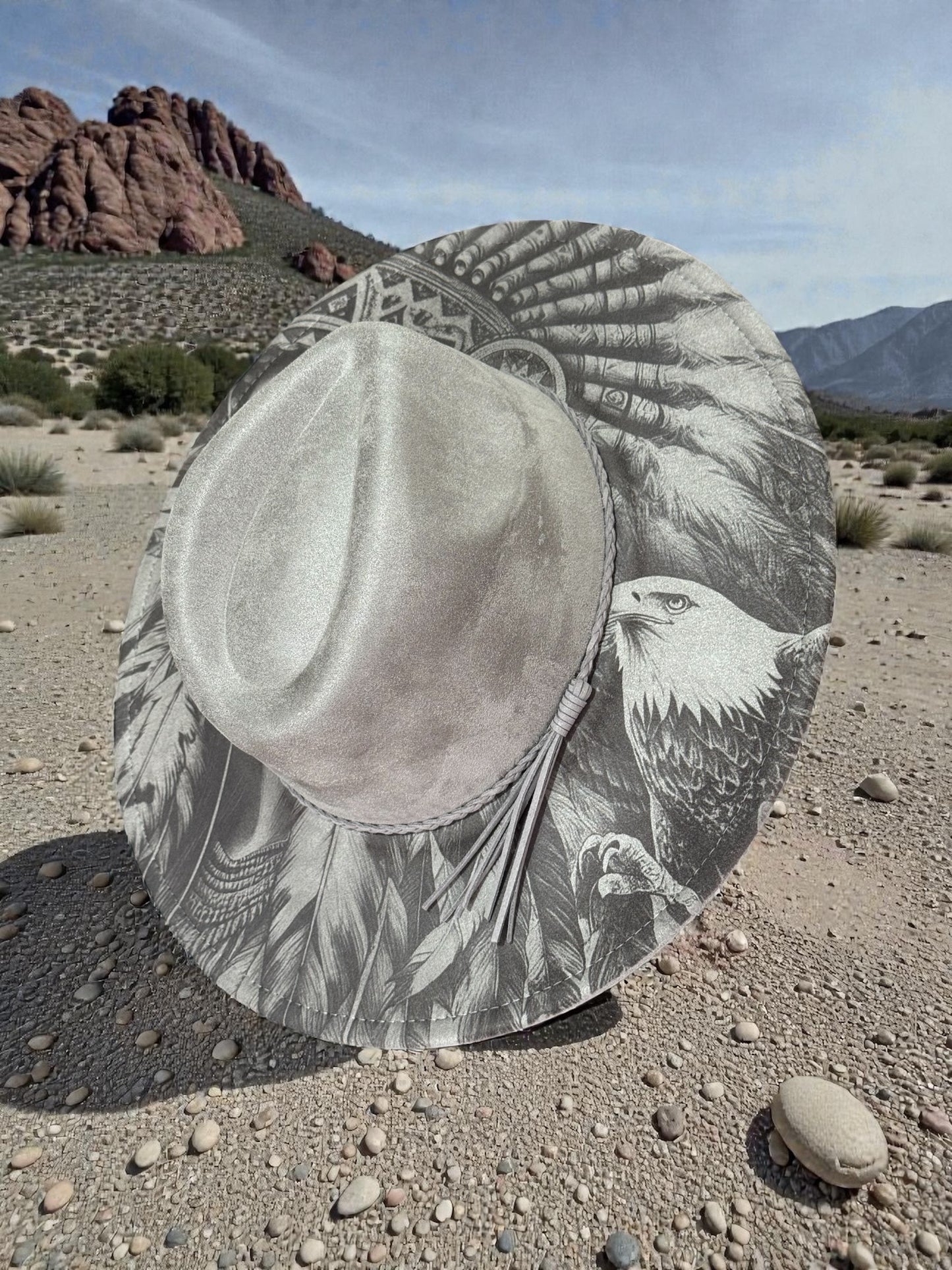 Desert Warrior Queen – Laser Engraved Native Indian Woman & Eagle Hat, Wide Brim Hat, Vegan Suede Fedora Hat, Laser Engraved, Burned Fedora