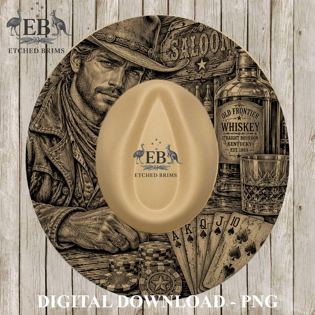 Western Cowboy Whiskey Cards Hat Burning Template, Wide Brim Laser Hat Engraving Design, Printable Stencil, EB1376