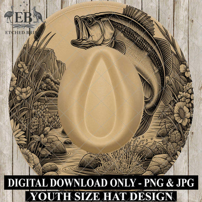 Youth Child Hat Burning Design, Bass Fish 6, Hat Burning Template, Cowboy Hat, Laser Engraving, Wide Brim Hat Design EBY399