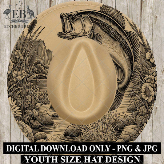 Youth Child Hat Burning Design, Bass Fish 6, Hat Burning Template, Cowboy Hat, Laser Engraving, Wide Brim Hat Design EBY399