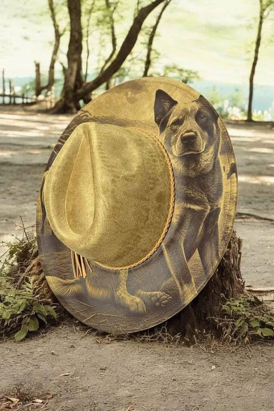 The Drovers Mate – Laser Engraved Cattle Dog Brim Hat, Wide Brim Hat, Vegan Suede Fedora Hat, Laser Engraved, Cowboy Hat, Burned Fedora