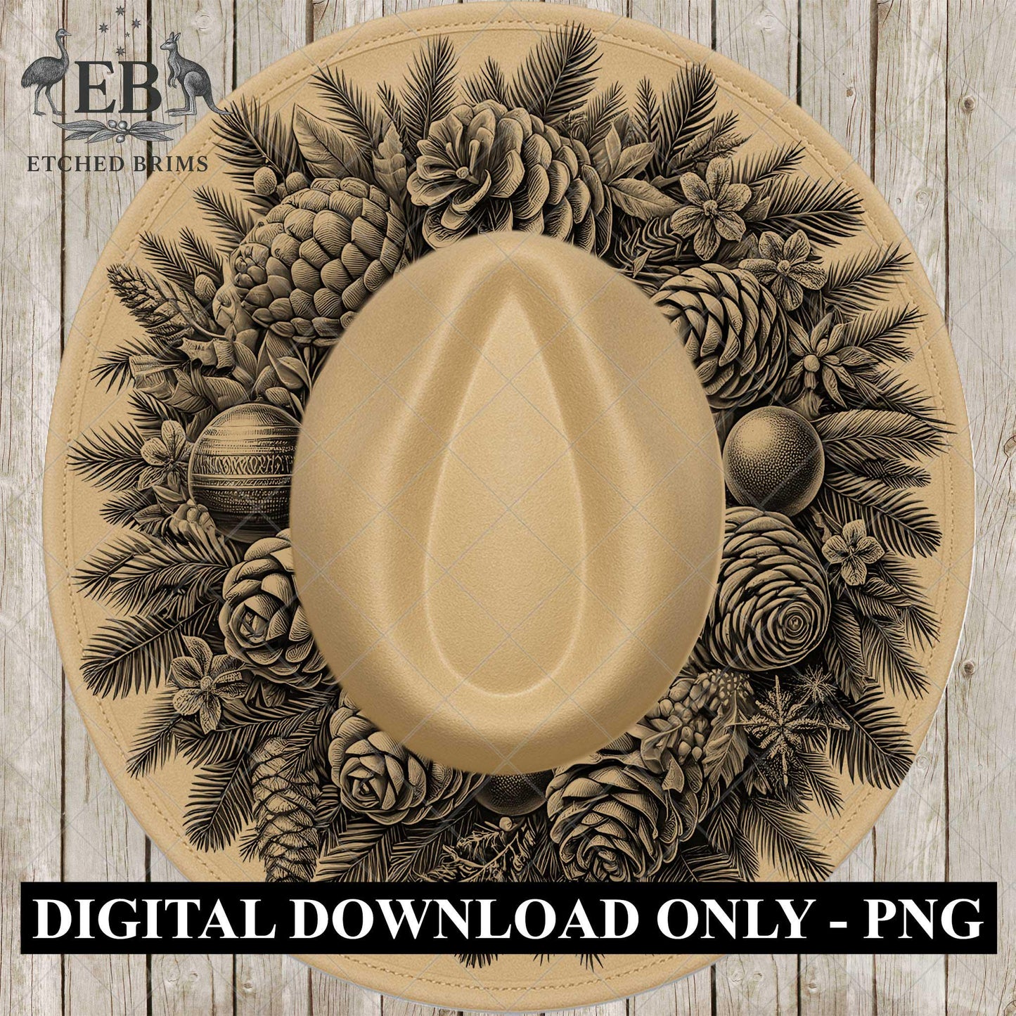 Christmas Wreath & Pinecones, Hat Burning Design, Festive Digital Download, Hat Burning Template, Wide Brim Hat Design, Hat Stencil, EB673