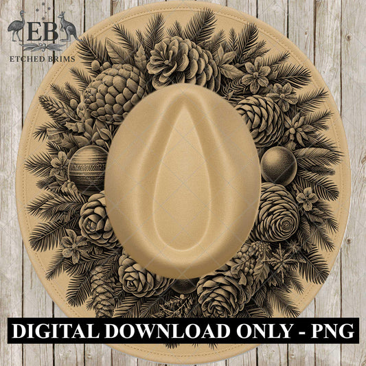Christmas Wreath & Pinecones, Hat Burning Design, Festive Digital Download, Hat Burning Template, Wide Brim Hat Design, Hat Stencil, EB673