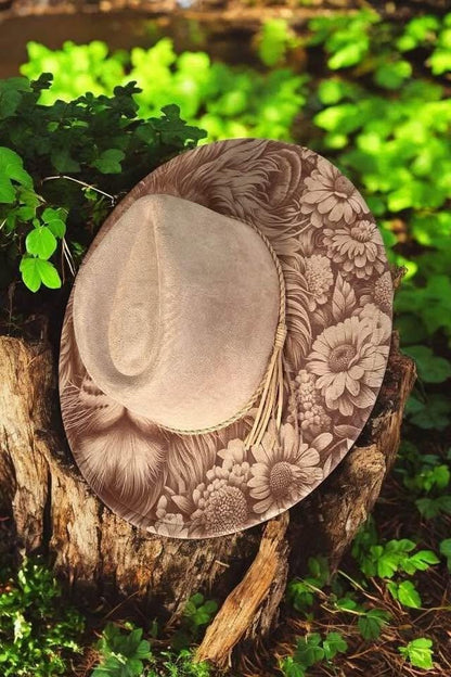 Lion & Blooms - Engraved Lion and Floral Wide Brim Hat, Vegan Suede Fedora Hat, Laser Engraved, Cowboy Hat, Burned Fedora