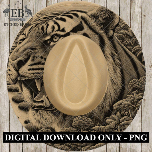 Roaring Tiger, Hat Burning Design, Hat Engraving Template, Wide Brim Burned Hat, PNG Laser Design, EB789