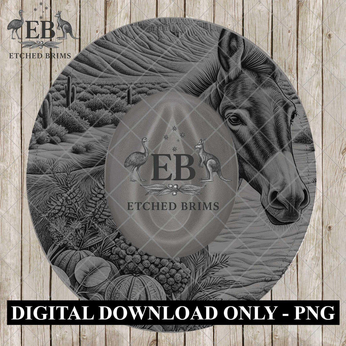Western Mule Hat Burning Design | Desert Cactus Brim Template| Cowboy Hat Laser Design, EB1196
