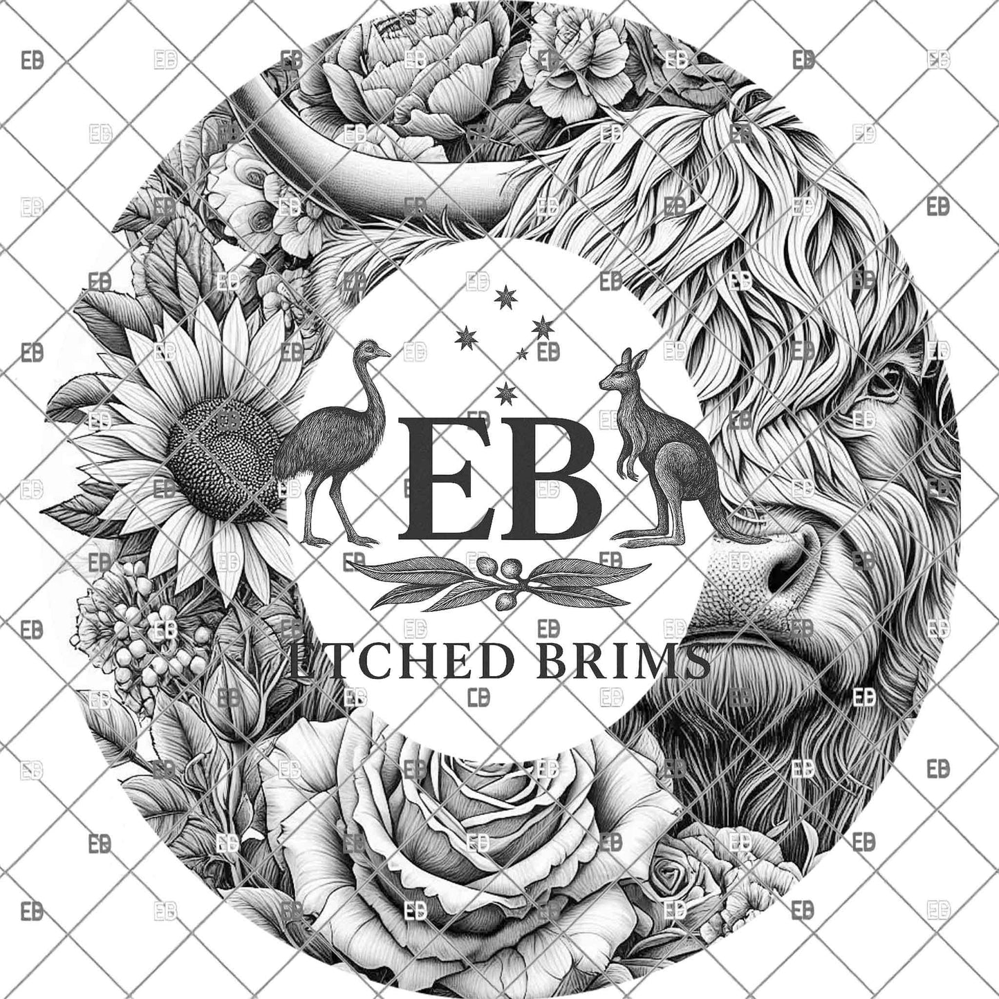Highland Cow Floral, Hat Burning Design, Rose and Sunflowers, Laser Engraving, Wide Brim Fedora Hat, EB1138