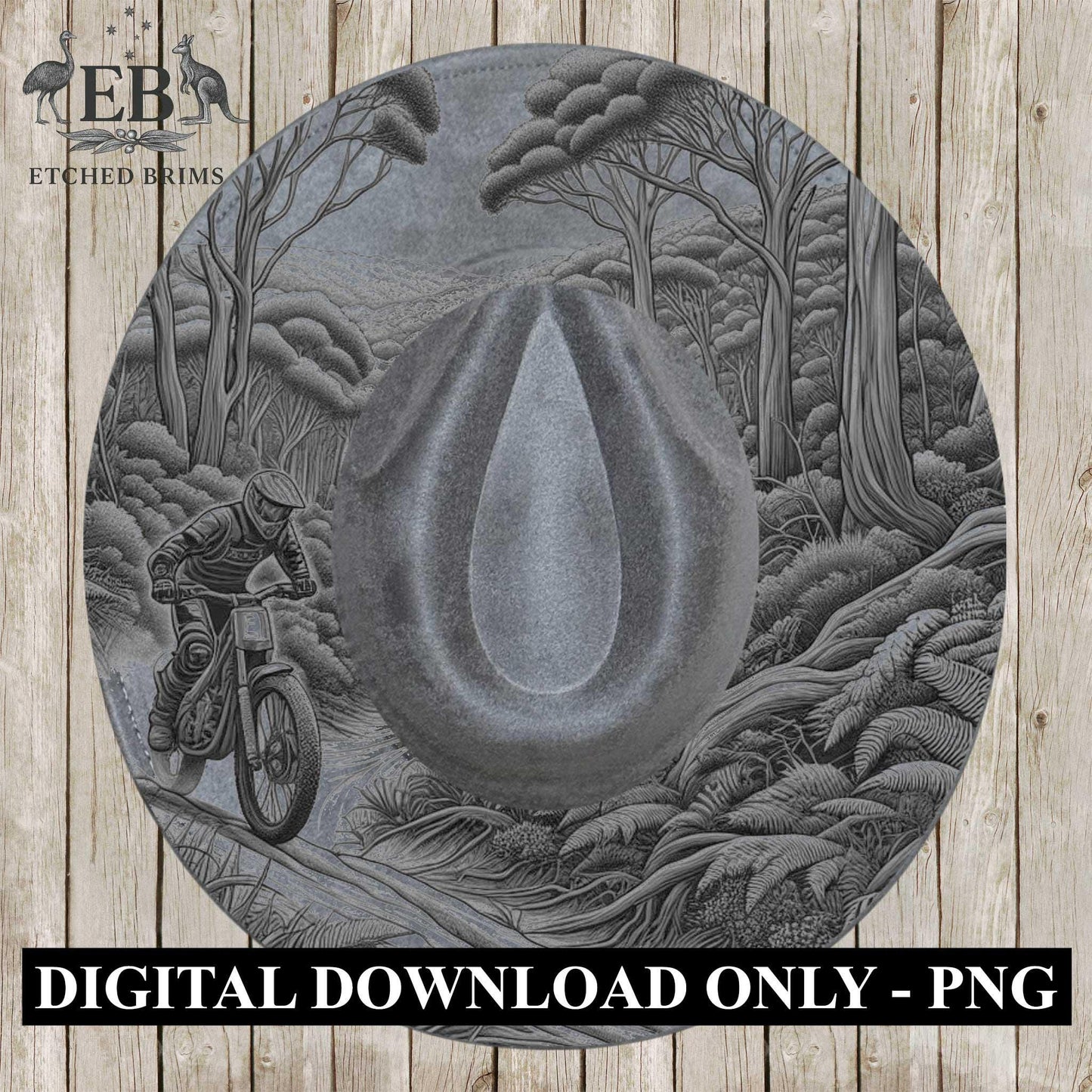 Dirt Bike Rider in the Bush 7, Hat Burning Design, Digital Download PDF & PDF Hand Burning, Wide Brim Hat, Printable Hat Stencil, EB618