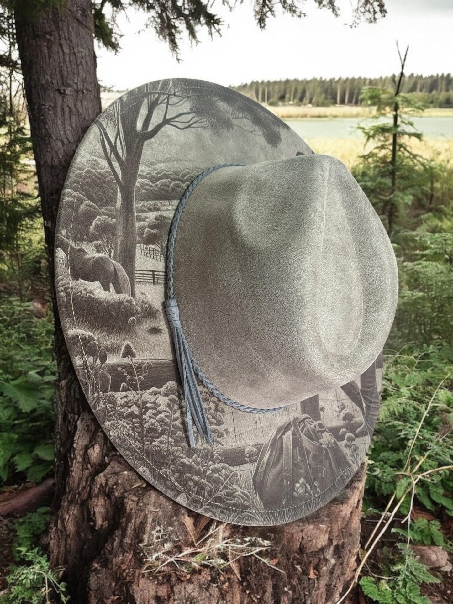 Wanderers View - Laser Engraved Cow Girl Hat with Horse Scene, Wide Brim Hat, Vegan Suede Fedora Hat, Laser Engraved, Burned Fedora