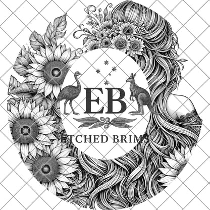 Girl and Sunflowers 1 Hat Burning Design, Digital Download PDF & PDF Hand Burning, Wide Brim Hat, Printable Hat Stencil, EB624