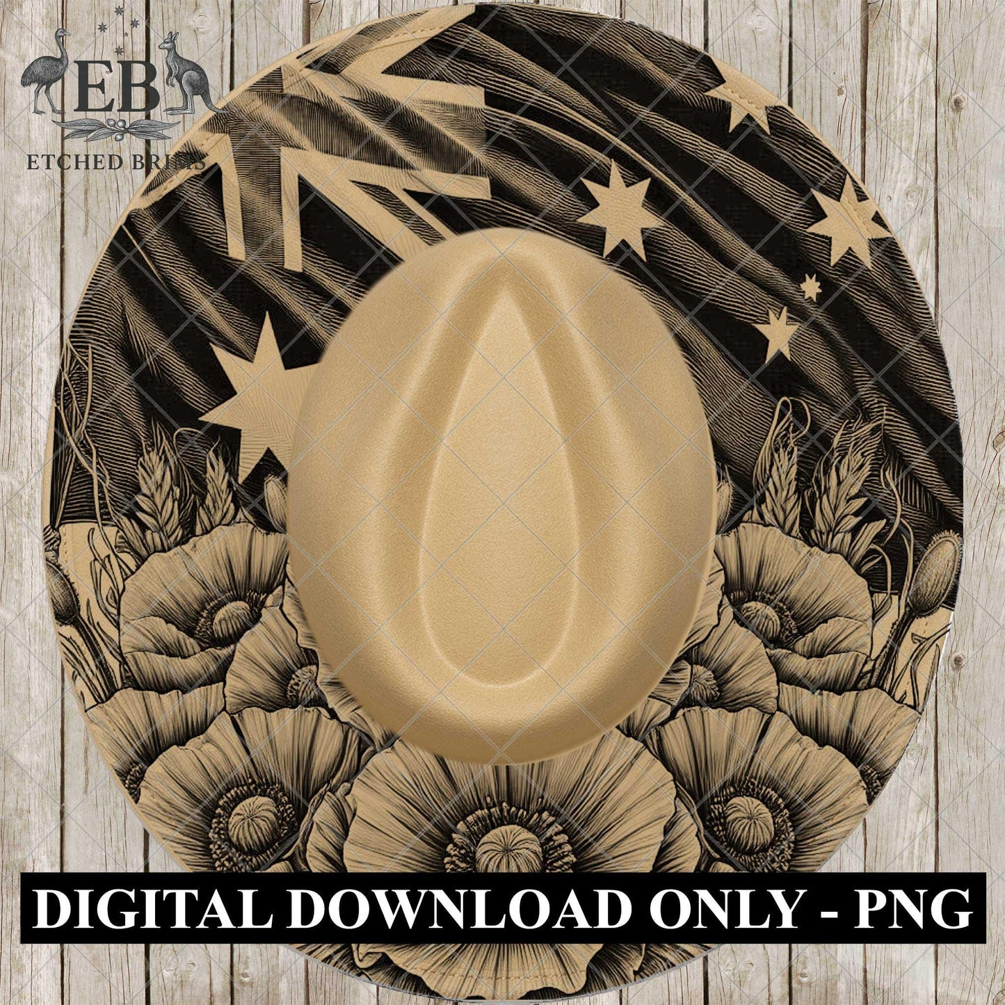 Australian Flag and Poppies, Hat Burning Design, Laser Engraving Template, Printable Stencil, EB984