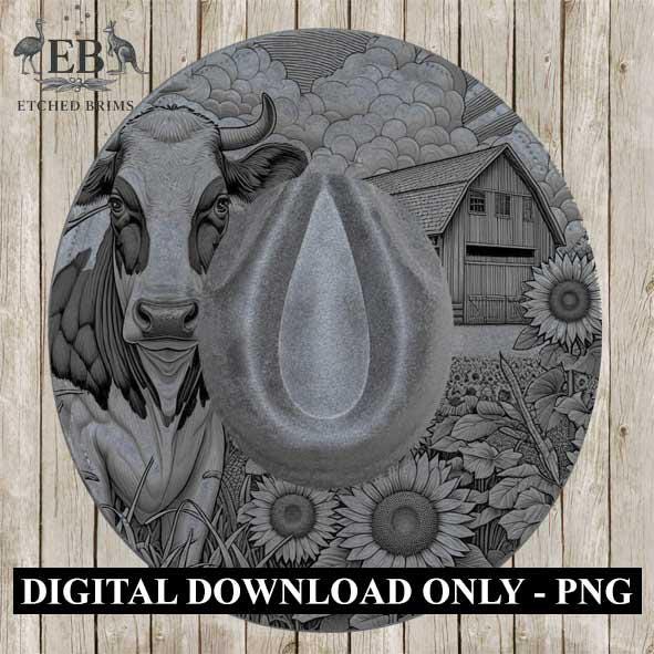 Hat Burning Design, Cow 3, Sunflowers, Digital File, PNG, Hat Burning Template, Cowgirl Hat, Laser Engraving, Wide Brim Hat Design, EB379