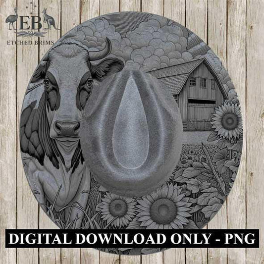Hat Burning Design, Cow 3, Sunflowers, Digital File, PNG, Hat Burning Template, Cowgirl Hat, Laser Engraving, Wide Brim Hat Design, EB379
