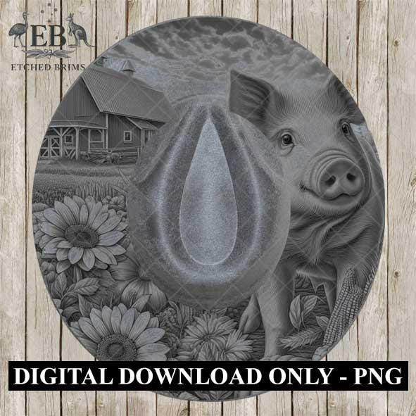 Farm Pig & Sunflowers 8, Hat Burning Template, Hat Burning Stencil, Hat Laser Engraving Design, Wide Brim Hat, Printable Hat Template, EB565