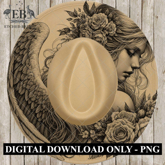 Angel Woman Wings, Hat Burning Design, Wide Brim Hat Template, Burned Hat PNG, Pyrography, Hat Design Pattern, EB797