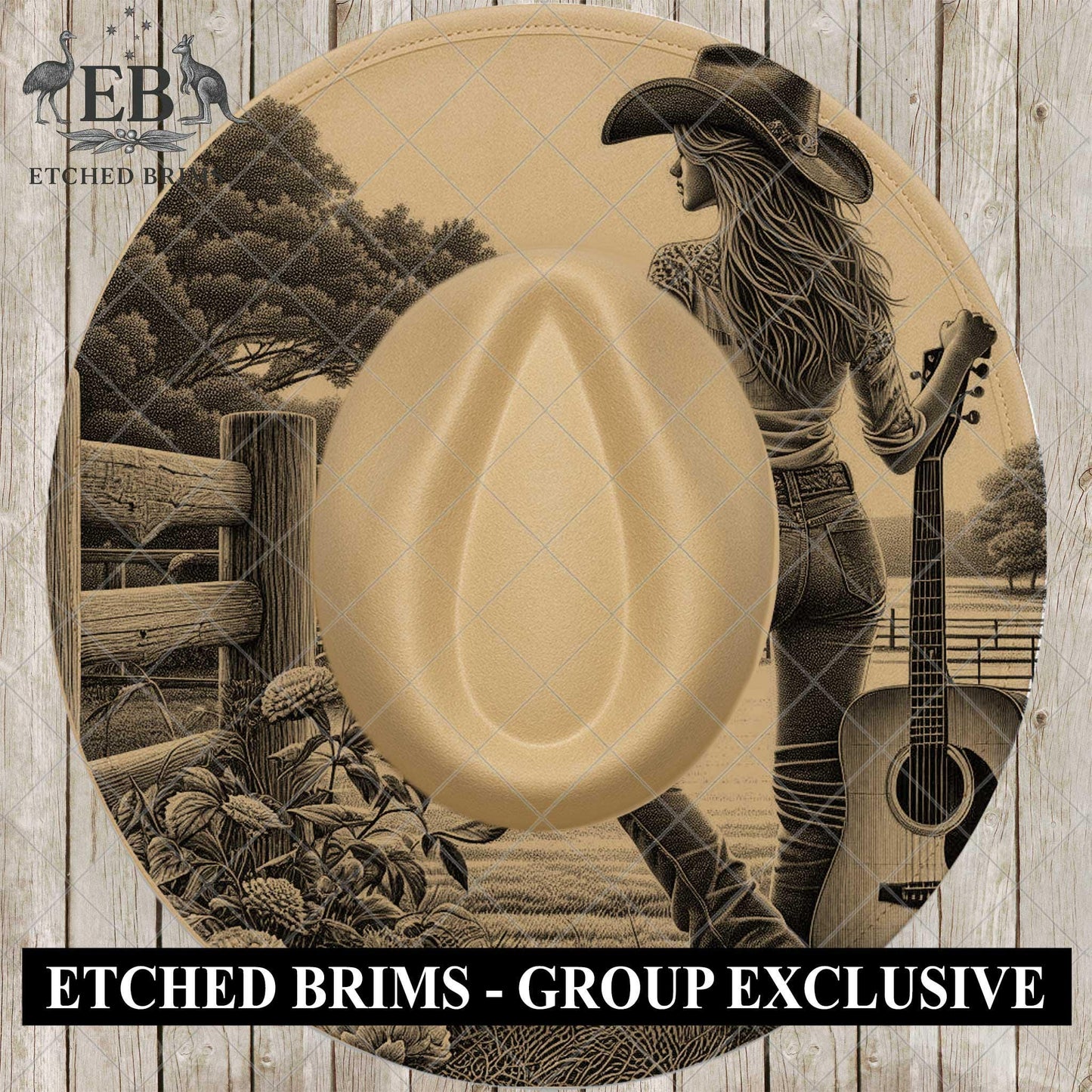 Country Music Cowgirl, Hat Burning Design, Guitar Western Laser Engraving Template, Countryside Wide Brim Febora, EB1064