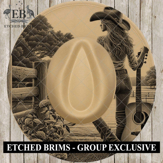 Country Music Cowgirl, Hat Burning Design, Guitar Western Laser Engraving Template, Countryside Wide Brim Febora, EB1064