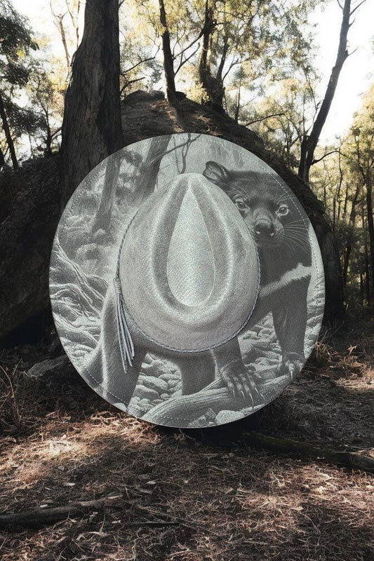 Devil In the Dust – Laser Engraved Tasmanian Devil Brim Hat, Wide Brim Hat, Vegan Suede Fedora Hat, Laser Engraved, Burned Fedora