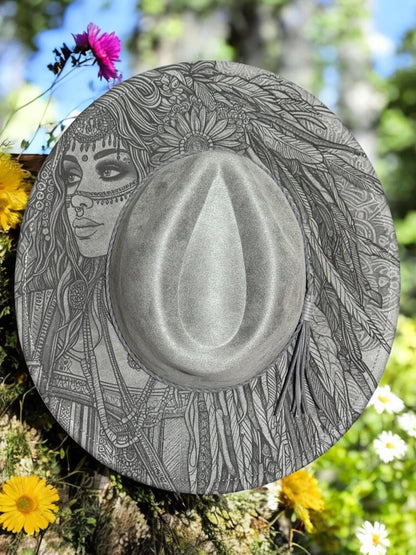 Your Choice of Engraved Hat from Any of My Designs. Engraved Wide Brim Hat, Vegan Suede Fedora Hat, Laser Engraved, Burned Fedora.