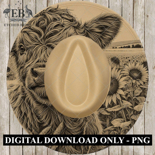 Highland Cow Sunflowers, Wide Brim Hat Template, Burned Hat PNG, Pyrography Hat Design, Hat Burning Design, Laser Hat Design, EB809