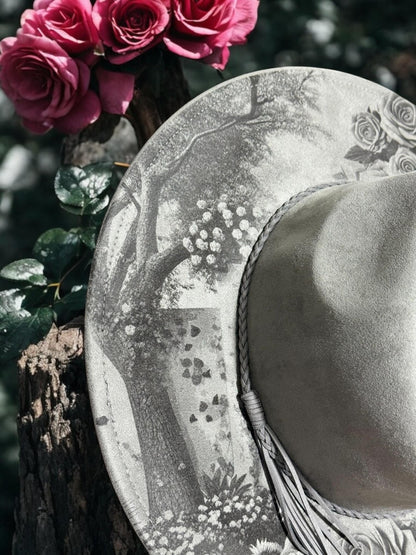 Eternal Bloom Engraved Hat – Sugar Skull & Floral Boho Design, Hand-Burned Brim, Western Boho Hat, Unique Festival Fashion