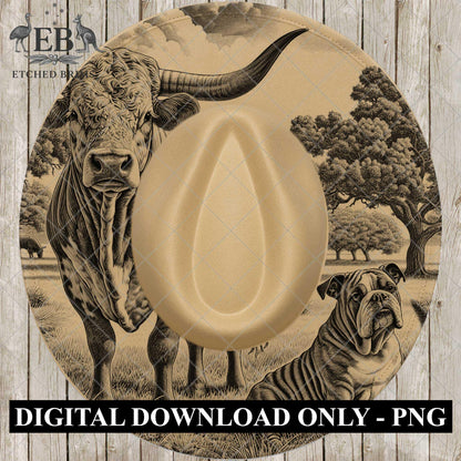 Longhorn Cow & Bulldog, Laser Hat Burning Design, Digital Download PNG, Hat Burning Template, Hat Laser Engraving Design, Wide Brim, EB887
