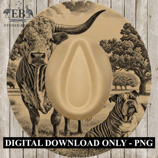 Longhorn Cow & Bulldog, Laser Hat Burning Design, Digital Download PNG, Hat Burning Template, Hat Laser Engraving Design, Wide Brim, EB887