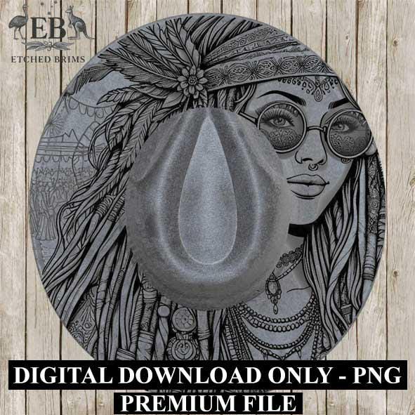 Hat Burning Design, Hippy Woman 19, Boho,Hippie, Wide Brim Hat Design, Digital File, PNG, PDF, Hat Laser Engraving Design, Hat File EB167